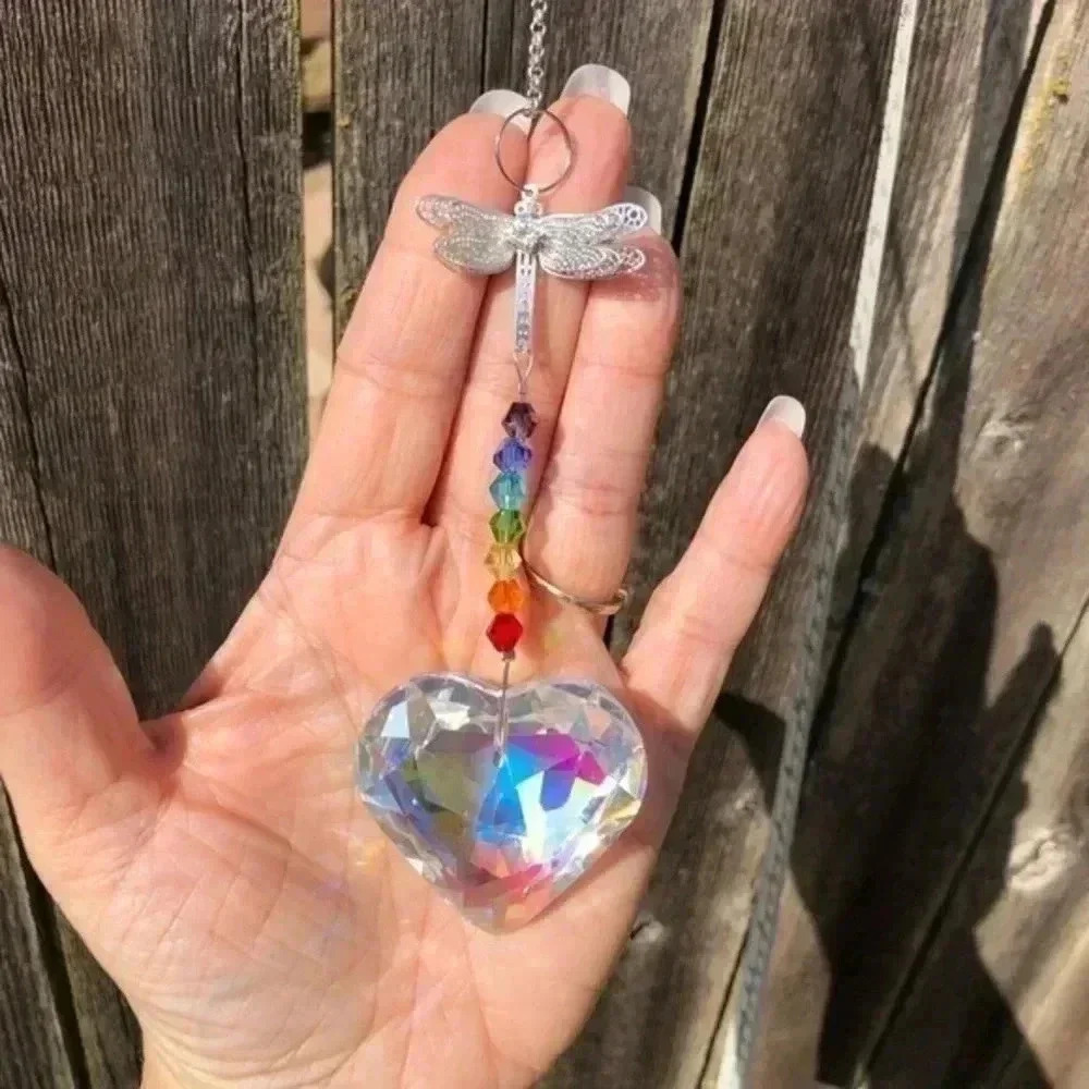 Gorgeous K9 Crystal Rainbow Dragonfly Huge Heart Suncatcher NWT
